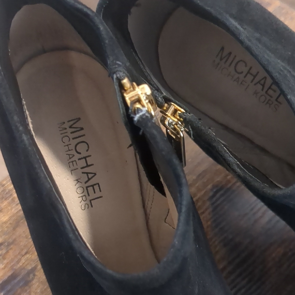 Michael Kors Black Suede Haven Platform Ankle Booties with Gold Accents - Picture 4 of 17